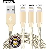 BULESK Phone Cable 3Pack 10Ft Nylon Braided Phone Charger Cord Compatible with iPhone Xs/XS Max/XR/ X/iPhone 8 8 Plus 7 7 Plus 6s 6s Plus 6 6 Plus iPad iPod Nano - Gold
