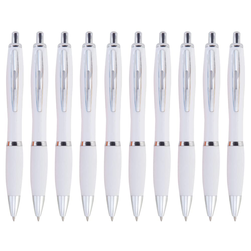 eBuyGB Pack of 10 Ballpoint Pens Blue Ink Retractable Push Button Pen Promotional Gift, White