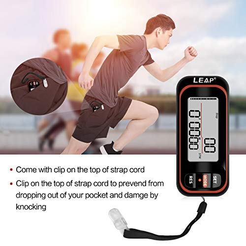LEAP 3D Walking Pedometer Clip on with Strap, Week 7 Days Memory, Accurate Step Counter for Walking and Miles, Walking Distance, Carlorie Tracker Removalble Clip,Fitness Daily Target Monitor