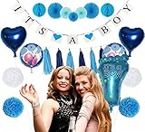 BABY SHOWER Decorations for BOY – Cute All in One Party Decor Kit! – IT’S A BOY Banner, Large Balloons, Blue & White Pom Pom Flowers, Honeycomb Balls, Tassels, Fans – Wall Decoration Set