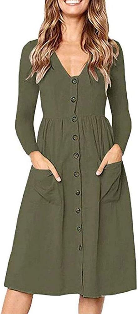Summer Dresses for Women Casual Midi Dress Short Sleeve Shirt Dress V Neck Button Down Swing A Line Tunic Dress with Pockets