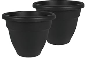 The HC Companies 16 Inch Caribbean Planter Pots with Drainage & Plug, Rolled Rim Plastic Planters for Outdoor Plants, 2-Pack Decorative Flower Pots for Garden, Patio, Office & Home Decor, Black