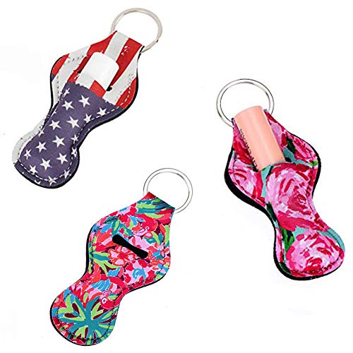Huihui Decoration 10 Pieces Lipstick Holder Keychain Keyrings Neoprene Chapstick Key Chain Holder Lip Balm Holder Keychain with 10 Different Vibrant Prints (10 Pack)