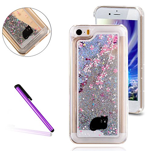 iPhone 5C Case,3D Liquid Brilliant Luxury Bling Glitter Liquid Floating Angle Girl Moving Hard Protective Cover for Apple iPhone 5C + Send Stylus Pen - Black Cat, Silver Liquid