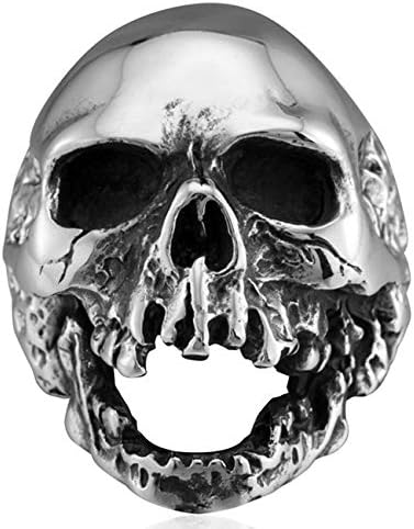 moahhally Domineering Men's Jewelry Punk Style Large Heavy Gothic Skull Head Stainless Steel Vintage Cool Biker Ring - Silver & Black - by Mate Rings Jewelry(Multi-Color,7)