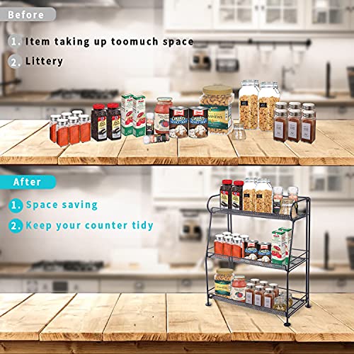 MRINDA Foldable 3 Tier Spice Rack Organizer for Cabinet, 2 Tier Metal Spice Holder Standing Shelf Storage With Guardrail for Kitchen Countertops Bathroom Office