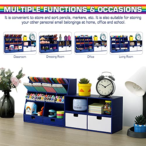 Desk Organizer and Accessories with 4 Drawers & 16 Compartments Twice Capacity - Art Supply Organizer for Home, School, Office Supplies, FSC Certified Cardboard, DIY Project, Easy Assembly, Blue
