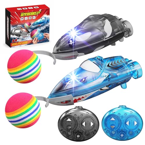 Set of 2 RC Mini RC Boat with Flashing Lights, Game with Foam Ball, 360° Rotation & 2 Speeds, Inflatable Pool Included, Water Toy Gift Boy Girl