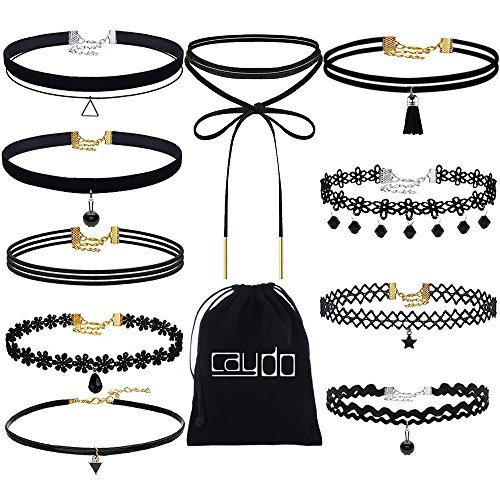 Caydo 10 Pieces Black Velvet Chokers Necklaces Set, Lace and Gothic Tattoo Necklace