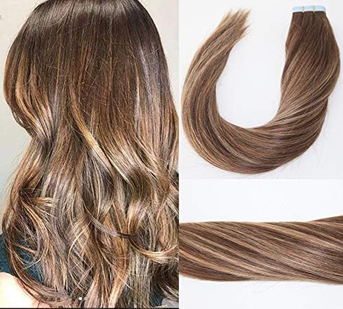 18 inch 20pcs 50g Real Hair Extensions Tape in Hair Extensions Balayage Brown to Blonde Mixed Brown Human Hair Long Hair Styles (18 inch, Chocolate Brown to Caramel Blonde 4/27#)