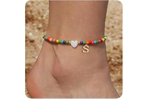 Honsny Ankle Bracelets for Women Initial Anklets Waterproof Boho Beaded Dainty Ankle Bracelets for Teen Letter Heart Handmade Adjustable Foot Chain Anklet Summer Vacation Colorful Jewelry Gift