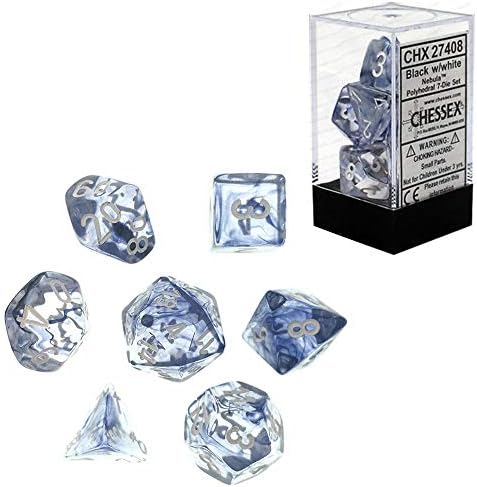 Chessex DND Dice Set-Chessex D&D Dice-16mm Nebula Black and White Plastic Polyhedral Dice Set-Dungeons and Dragons Dice ludes 7 Dice - D4 D6 D8 D10 D12 D20 D%, Various, Regular (CHX27408)