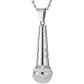 Mens Women Steel Microphone Pendant Necklace with Cubic Zirconia, Silver White, 30 inches Ball Chai