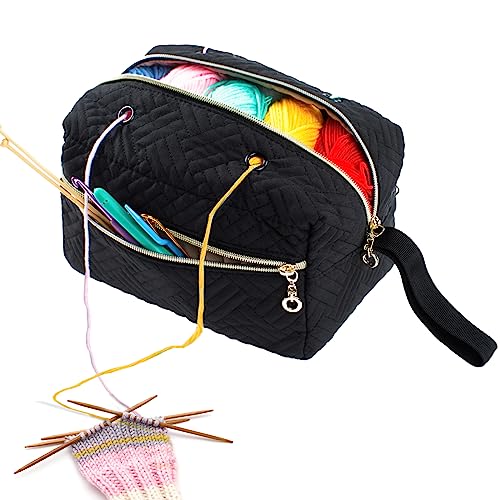 MYBAGZING Small Crochet Bag Organizer - Knitting Yarn Storage for Crocheting Holder Accessories, Needles, Hooks, Gifts, Black, (AM370)