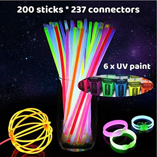 Little hands 8” glow sticks party packs for kids, adults, wedding favours, hen party. 200 pcs plus 237 bracelets, glasses and more connectors. With 6 tubes of UV, glow face and body paint.