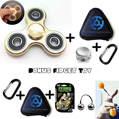 PREMIUM SET Gold Aluminum Tri Fidget Hand Spinner Metal w/ Case, Extra Caps And Caribiner BONUS Finger YoYo Toy w/ Case - Best EDC Focus Anxiety and Stress Reducer Toys - 3/5 Minute Spin Time