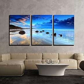 3 Piece Canvas Wall Art - Beautiful Morning Reflection at Moeraki Boulders, South Island of New Zealand - Modern Home Art Stretched and Framed Ready to Hang - 16"x24"x3 Panels