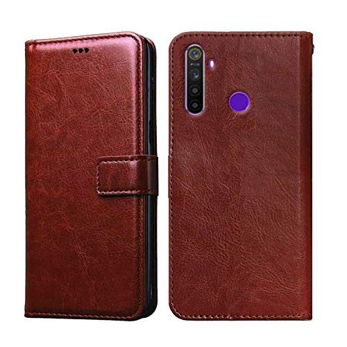 Unirock® Vintage Leather Flip Cover Case for Realme 5i| Inner TPU |Foldable Stand | Wallet Card Slots -Brown