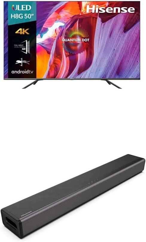 Hisense 50-Inch Class H8 Quantum Series Android 4K ULED Smart TV with Voice Remote (50H8G, 2020 Model) + Hisense 2.1 Channel Sound Bar Home Theater System with Bluetooth (Model HS214)