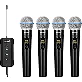 ealsem ES-384 4-CH UHF Wireless Handheld Microphone System - 164ft Range, Rechargeable Receiver, Plug-and-Play for Karaoke & Live Shows - 4 Handheld Mics Included