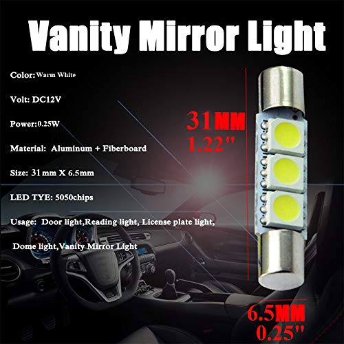 AMAZENAR 20-Pack 50 Lumens Warm White 28MM(1.1") - 31MM(1.25") 12V LED Festoon Light 5050 3-SMD Sun Visor Vanity Mirror LED Bulbs for Vehicle 6615F 6614F 3021 3022 3175 T-2 SF6/6 (Warm White)