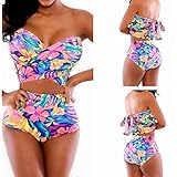 PGXT Women's Summer High Waisted Spandex Blue Flower Print Bikini Swimwear Swimsuit