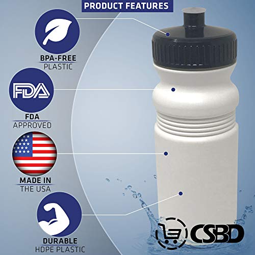 CSBD 20 oz Sports Water Bottles, 6 Pack, Reusable No BPA Plastic, Pull Top Leakproof Drink Spout, Blank DIY Customization for Business Branding, Fundraises, or Fitness White Bottle Black Lids