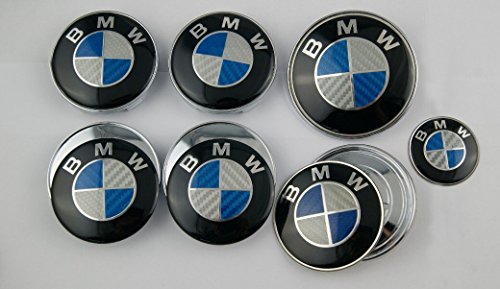 Angel Mall BMW Classic Look Blue/White Carbon Fiber Emblem Logo Badge Set 82mm Hood Emblem 74mm Trunk Emblem 44mm Steering Wheel Emblem 68mm Wheel Center Caps 7-pcs Set