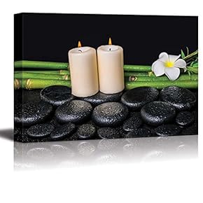 Canvas Prints Wall Art - Zen Basalt Stones with Bamboo and Burning Candles | Modern Wall Decor/Home Decoration Stretched Gallery Canvas Wrap Giclee Print. Ready to Hang - 12" x 18"