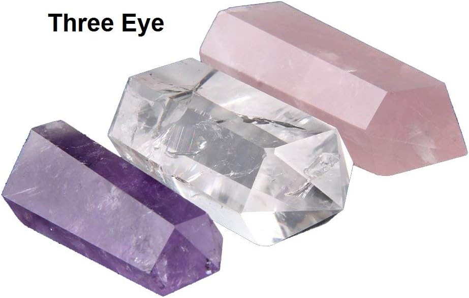 THREE EYE Reiki Healing Crystal Wands | 2" Amethyst Crystal Clear Quartz Crystal Wand & Rose Quartz Crystal Points 6 Faceted