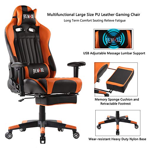 Sedia-da-Gioco-Ergonomica-e-Girevole-per-Computer-di-Randi-Dimensioni-con-poggiapiedi-a-Scomparsa-poggiatesta-e-Cuscino-massaggiante-Lombare-Realizzata-in-Pelle-PU-Colore-Disponibile-Orange