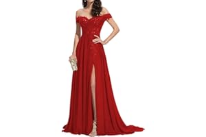 seezom Women's Off Shoulder Bridesmaid Dresses Chiffon Lace A-Line Long Formal Evening Party Gowns with Slit LYQ08