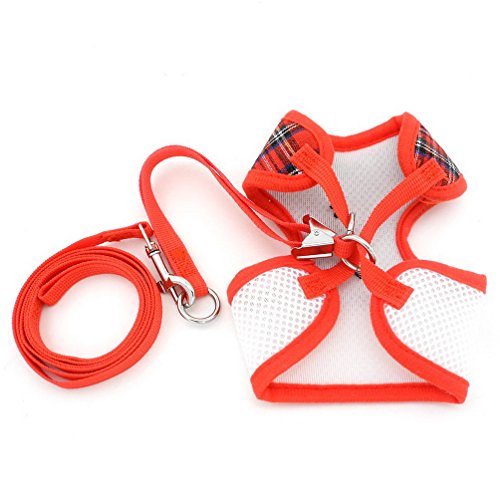 SELMAI Stylish Red Plaid Suits Mesh Dog Tuxedo Harness Vest Leash Set for Small Toy Dog Cat Puppy Adjsutable No Pull S