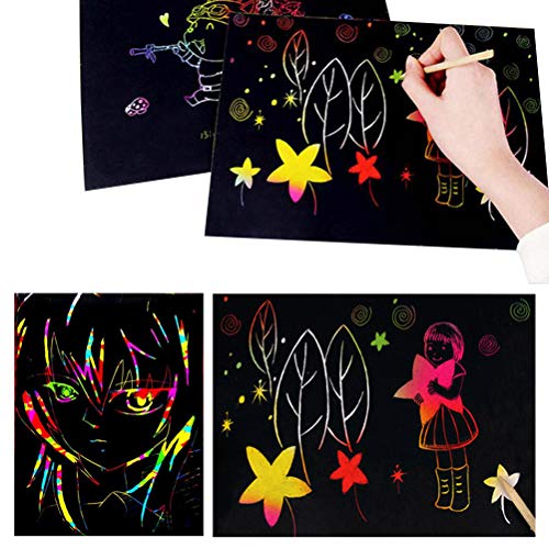YANSHON 100 Piece Rainbow Magic Scratch Paper, Black Doodle Pad with Rainbow Background for Kids, Scratch Off Art Notes Boards with 10 Wooden Stylus and 4 Drawing Stencils