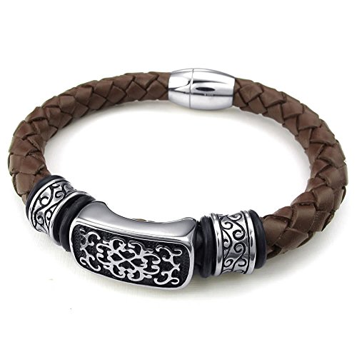 KONOV Mens Leather Stainless Steel Bracelet, Charms Bangle Magnetic Clasp, Brown Silver - 8 inch