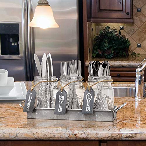 Flatware Caddy Organizer Cutlery Holder - 3 Glass Mason Jars in Galvanized Tray with Handles & Chalk-Tags | Utensil Farmhouse Silverware Caddy For Table | Ideal For Kitchen Countertop, Party, Dining,
