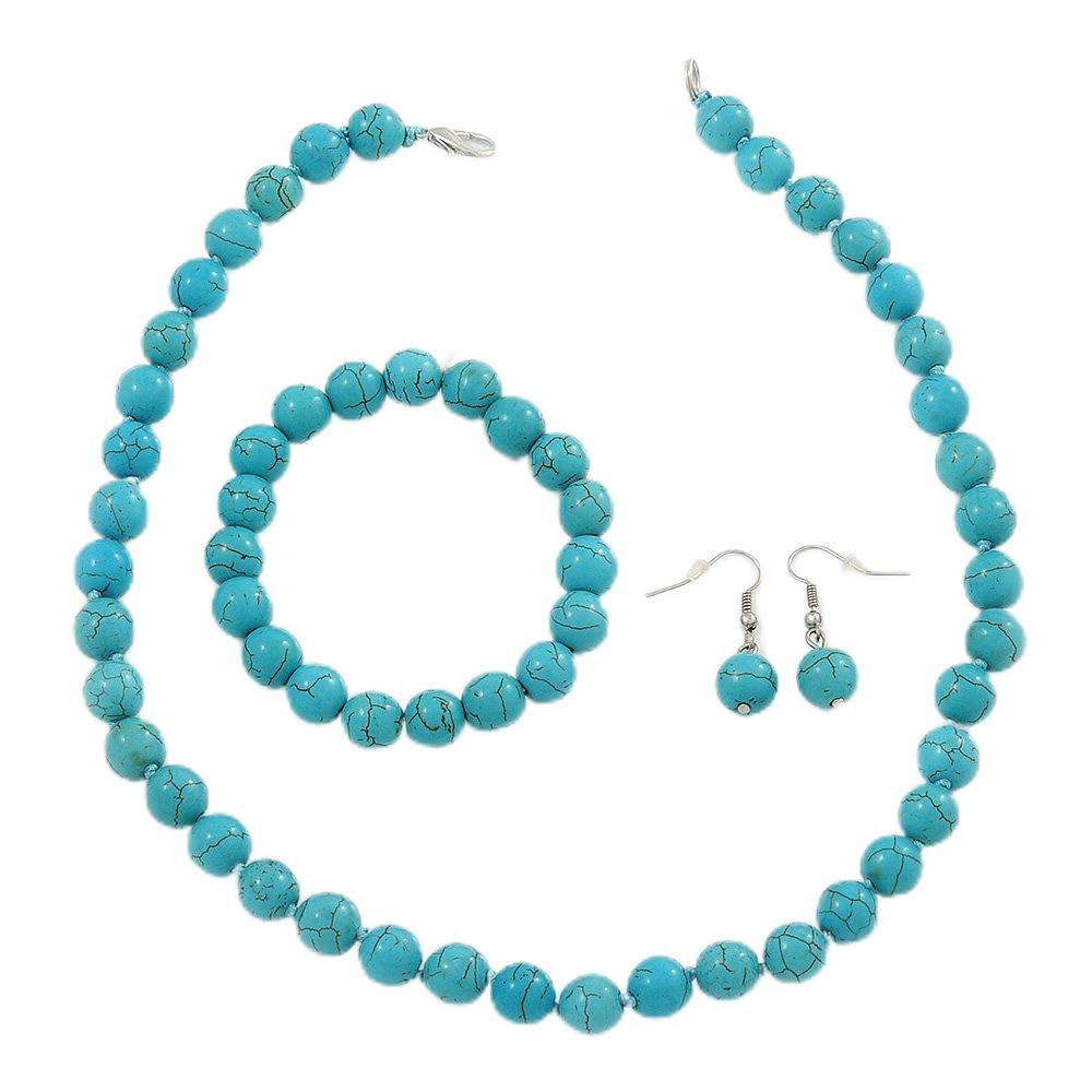 Avalaya Turquoise Round Acrylic Bead Necklce, Drop Earrings & Flex Bracelet - 40cm Length