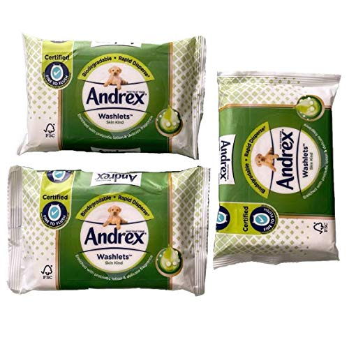 3 X Andrex Skin Kind Washlets Biodegradable Certified Fine to Flush - 36 Moist Sheets Per Pack - 108 in Total