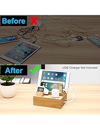 Bamboo Charging Station Dock for Multiple Devices,Desktop Docking Station Organizer for Cellphone,Smart Watch,Tablet(5 Charging Cables Included,No USB Charger)
