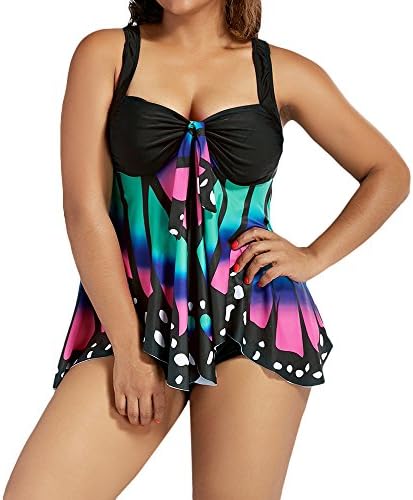 ROSE GAL Women's Plus Size High Waist Front Knot Butterfly Print Blouson Tankini