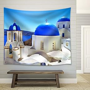 Blue Domed Church in Greek Islands Santorini - Fabric Tapestry, Home Decor - 51x60 inches