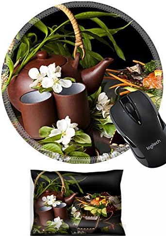 Liili Mouse Wrist Rest and Round Mousepad Set, 2pc Wrist Support Mixed sashimi raw fish with cucumber on traditional japanese plate soy sauce and clay teapot and cups IMAGE ID 13587478