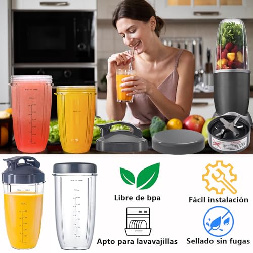 8Pcs Repuesto de taza y cuchilla de licuadora,compatible con licuadora NutriBullet de 600 W/900 W,2 Vaso 950ml,1 Tapa abatible,Anillo de tapa y hoja extractora,2 Juntas de goma,1Tapa selladora