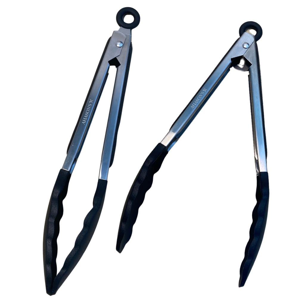 AHASON'S Silicone Tong 7-9 inchs Set of 2,BPA Free Silicone Tips Thickened Stainless Steel,480℉ Heat Resistant Handle,Turning,Serving Tong,Barbecue,Buffet,Salad,Oven, Air Fryer(18cm-23cm,Black)