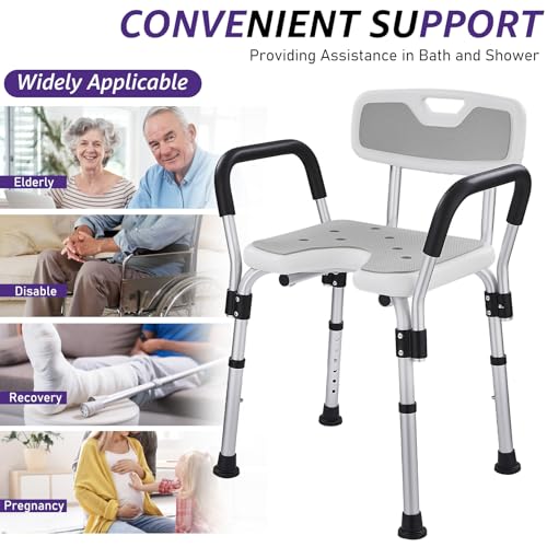 KSITEX Shower Chair for Elderly U 6 Height Adjustable Stool Armrests, Aluminium Bathtub Chair with Non-Slip Seat for Indoor Shower, Non-Slip Safety up to 150 kg