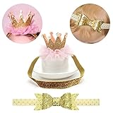 Baby Girl Birthday Glitter Bow Crown Headband Princess Sparkly Tiara Hair Accessories Set of 2 (Gold)