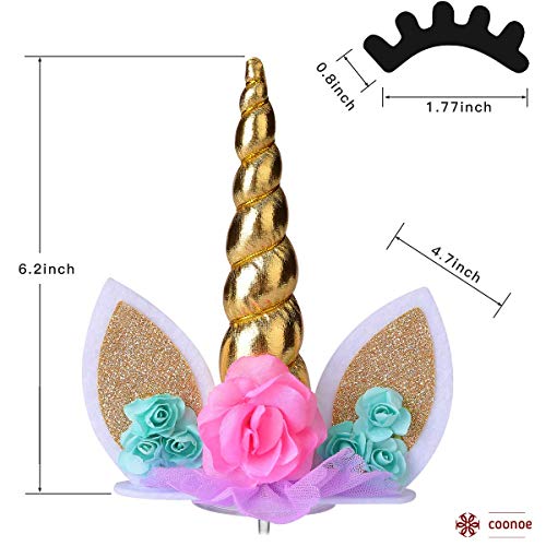 COONOE Unicorn Cake Topper,Unicorn Headband,Handmade Party Cake Decoration Supplies with Eyelashes,Reusable Gold Horn for Birthday Party,Baby Shower Wedding