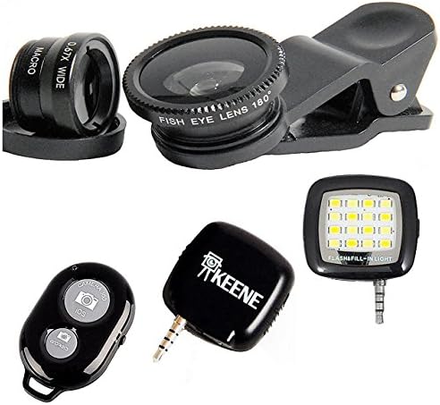 Keene Smartphone Camera Kit - Pro HD Camera Lens Kit 3 in 1 Clip-On Fisheye + Wide Angle + Macro Lens, Mini LED Spotlight, Wireless Bluetooth Camera Shutter Remote - Compatible with iPhone &amp; Andriod