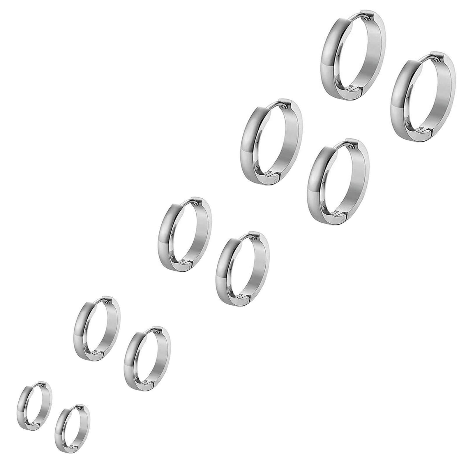 Bo Win 5 Pairs Stainless Steel Hinged Huggie Silver Hoop Earrings for Men Women, Men Earrings Hoop, Silver Earrings Hoops Women, Titanium Small Hoop Earrings Set Men Women Girls Piercing 8MM-16MM