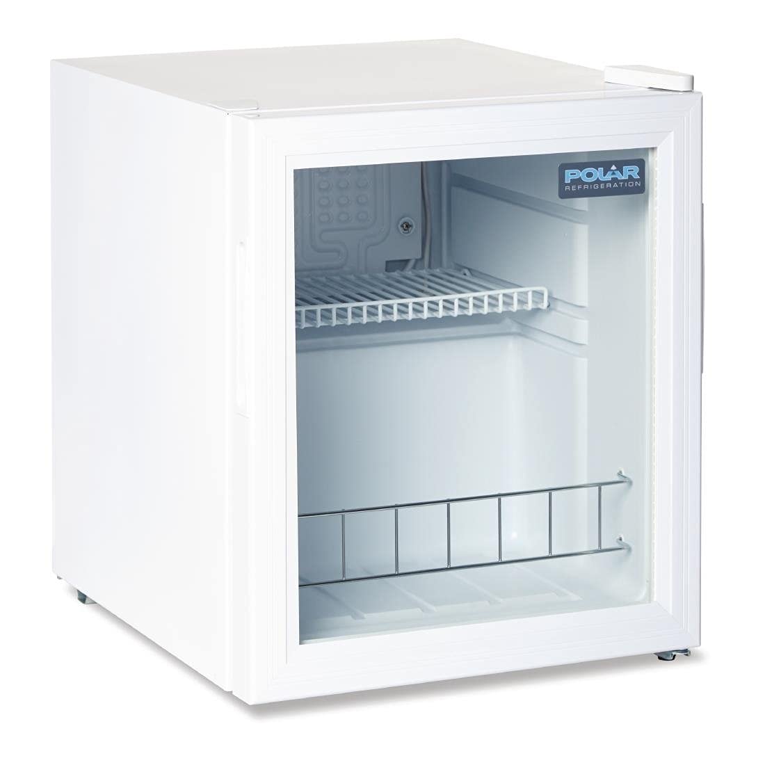 Polar Refrigeration C-Series 85 W Countertop Display Fridge 46 Litre, White, Size: 510(H) x 430(W) x 480(D) mm, Double Glazed Glass Door, 4° to 18°C, Energy Rating D, Drinks Fridge, DM071